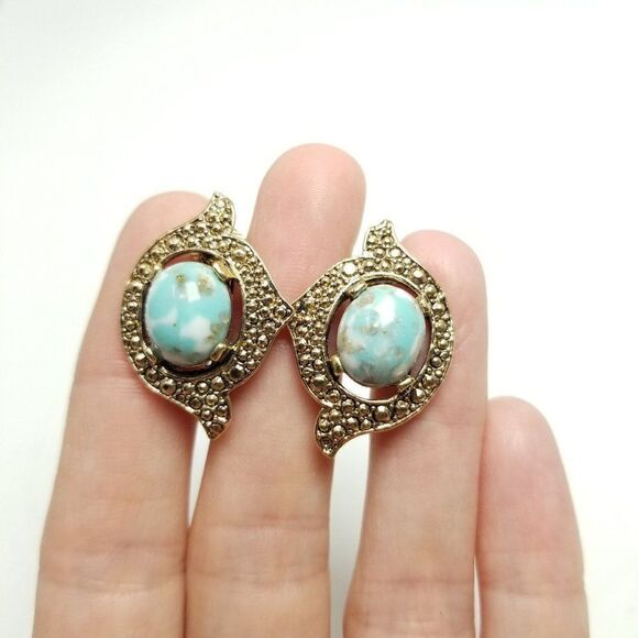 Vintage Sarah Coventry Blue Cabochon Clip On Earrings, Retro 70s Style, Signed - Picture 6 of 7